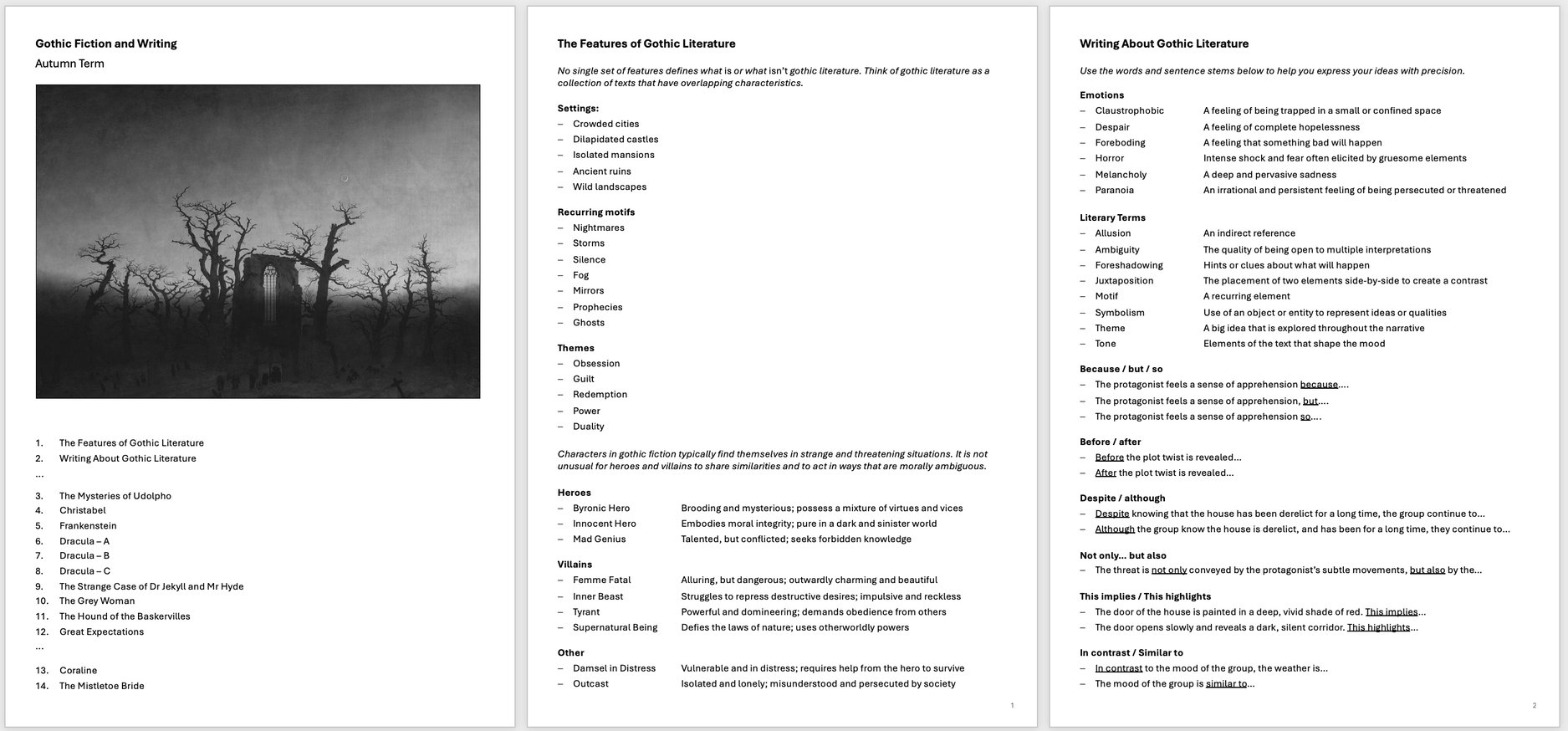 Gothic Literature Study Booklet KS3 Teaching Resource